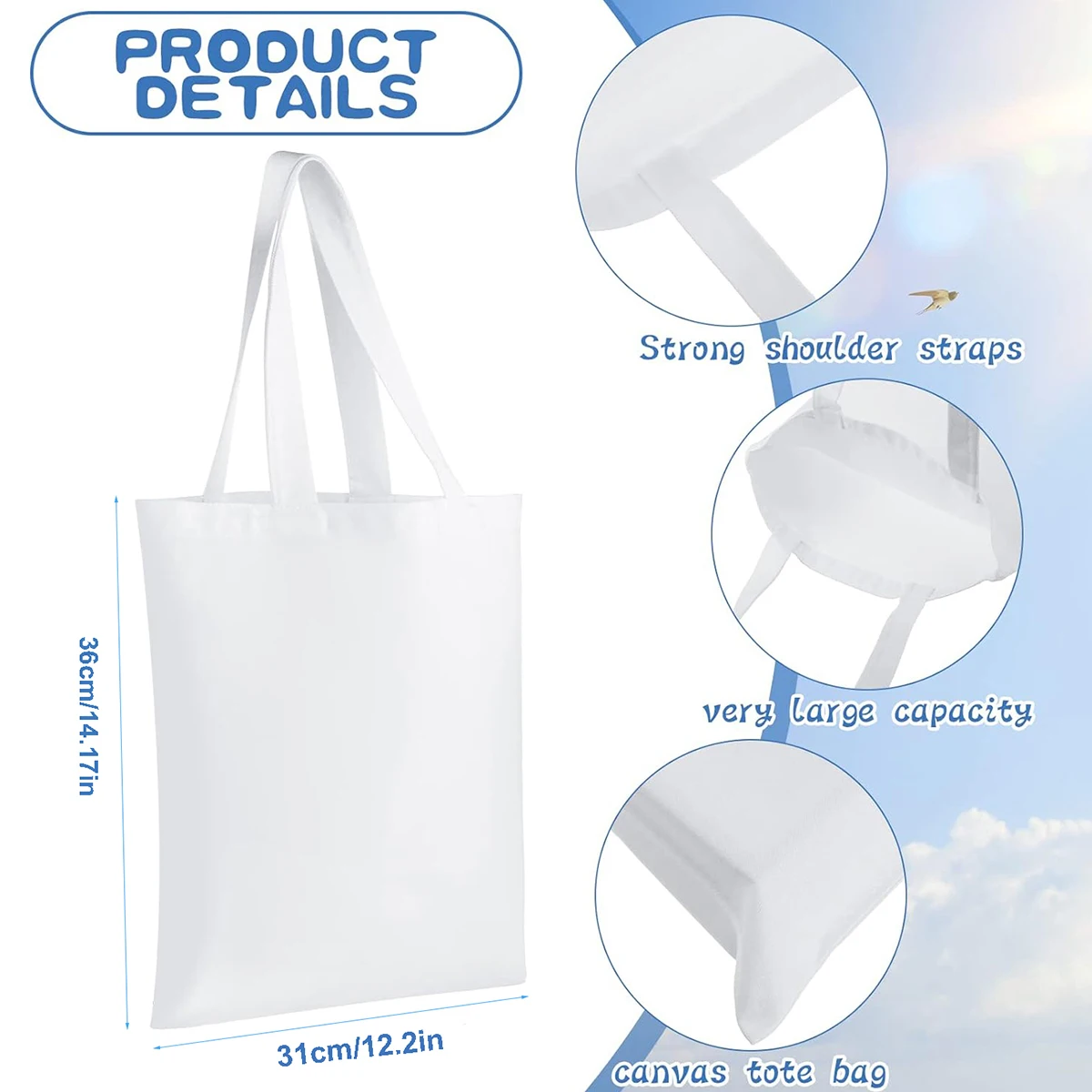 6pcs White Canvas Tote Bags, S - Tote Bag Sublimation のレビューと価格